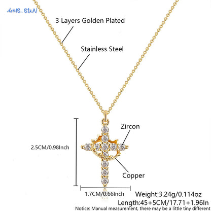 Cubic Zircon Rotatable Crown Cross Pendant Necklaces