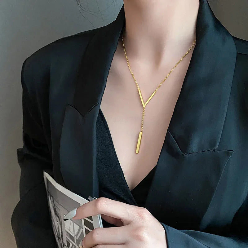 Simple V-shaped Long Sexy Clavicle Necklace Gold Color Long