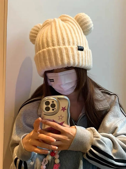 Cute Bear Ear Knitted Wool Hat Women Fashion Hooded Thick