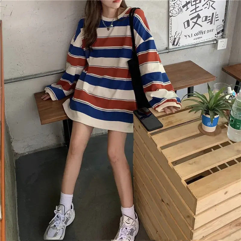 Women's Autumn T-shirt Striped Top Sweatshirt 2024 Korean