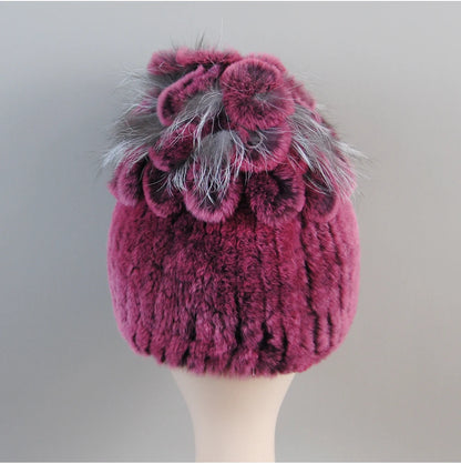 Fur Hats for Women Winter Real Rex Rabbit Hat Fox Fur Knit Female