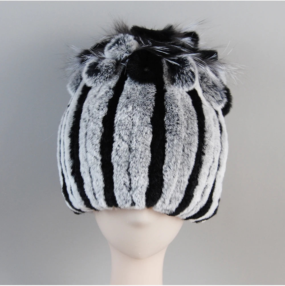 Fur Hats for Women Winter Real Rex Rabbit Hat Fox Fur Knit Female