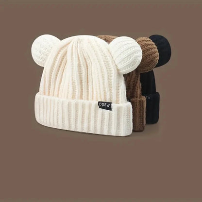 Cute Bear Ear Knitted Wool Hat Women Fashion Hooded Thick