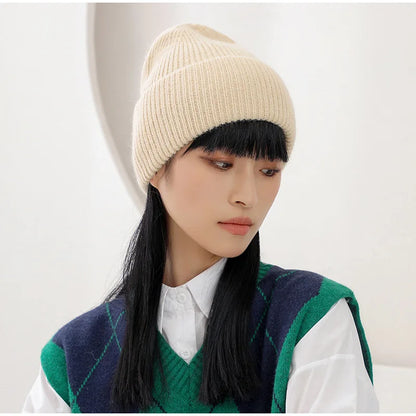 Winter Hats Woman Soft Knit Beanie Warm Rabbit Fur Hat Solid