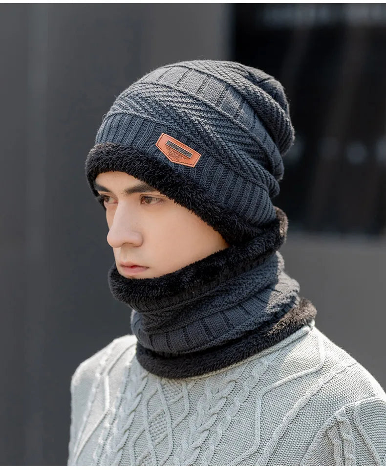 Winter Hat For Men Fleece Scarf Women Neck Leather Knitted