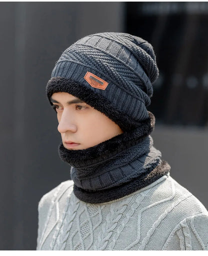 Winter Hat For Men Fleece Scarf Women Neck Leather Knitted