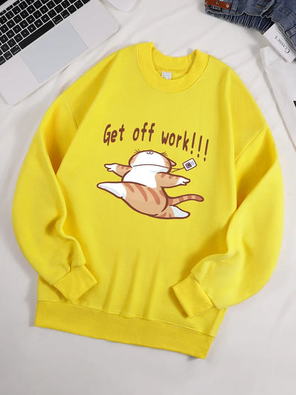 Get Off Work Happy Cat Prints Hoodies Women Winter Basics