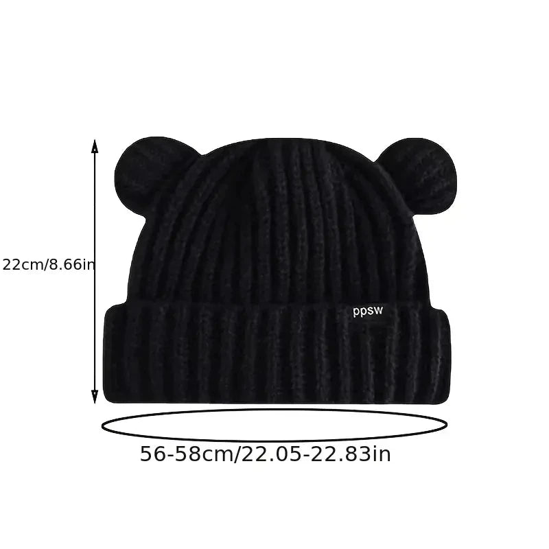 Cute Bear Ear Knitted Wool Hat Women Fashion Hooded Thick