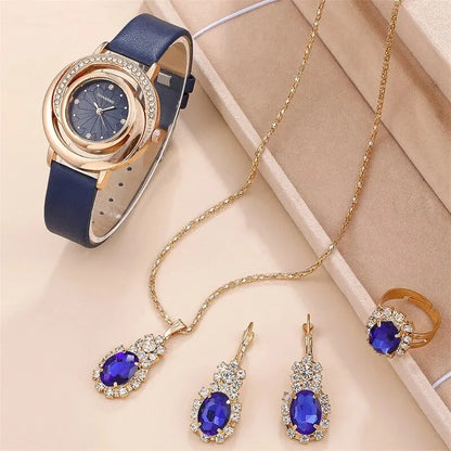 Luxury Watch Women Ring Necklace Earring Rhinestone Fashion