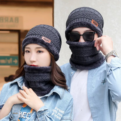 Winter Hat For Men Fleece Scarf Women Neck Leather Knitted