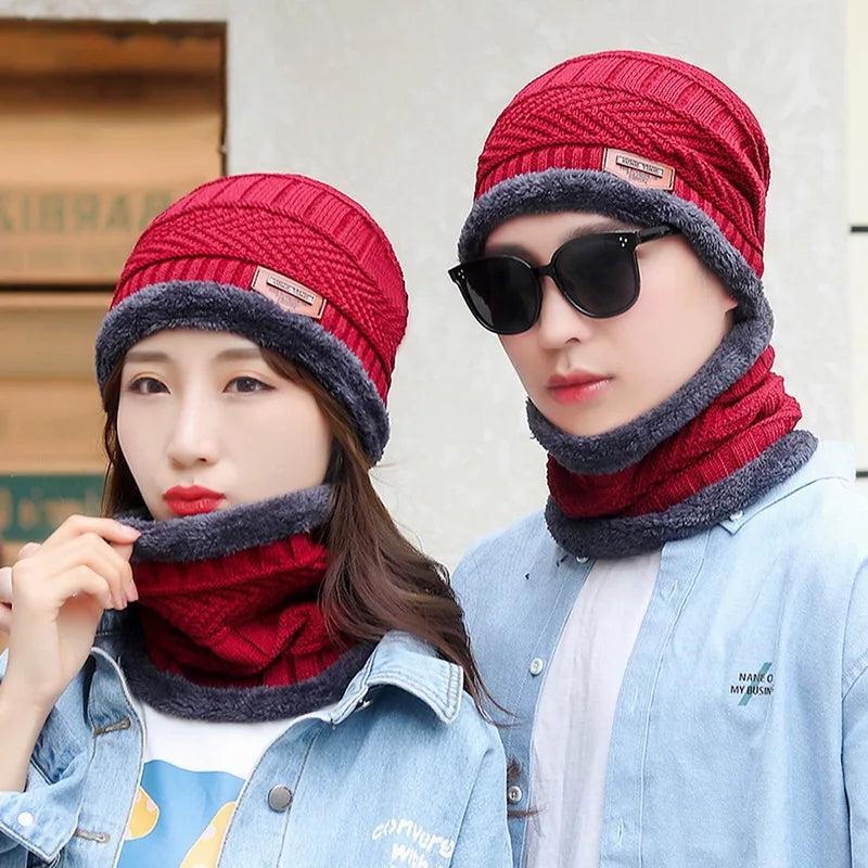 Winter Hat For Men Fleece Scarf Women Neck Leather Knitted