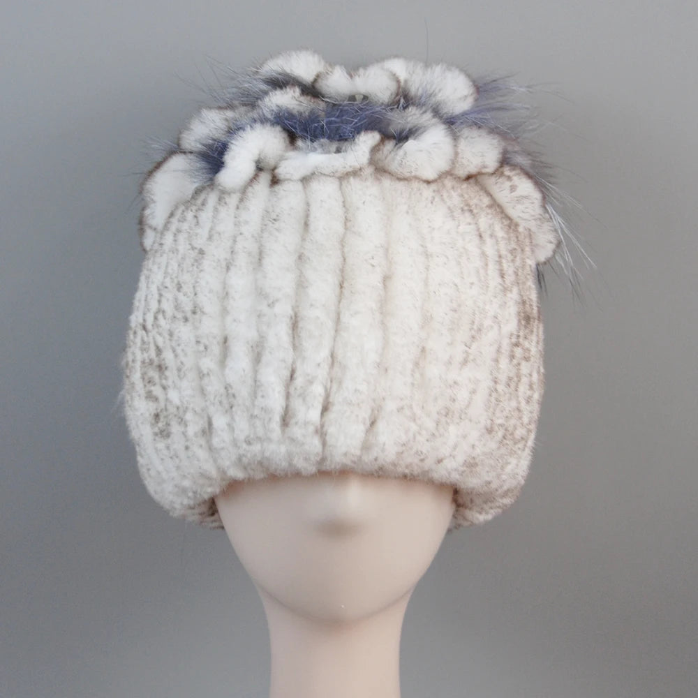 Fur Hats for Women Winter Real Rex Rabbit Hat Fox Fur Knit Female