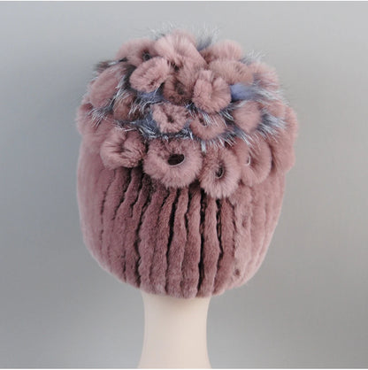 Fur Hats for Women Winter Real Rex Rabbit Hat Fox Fur Knit Female
