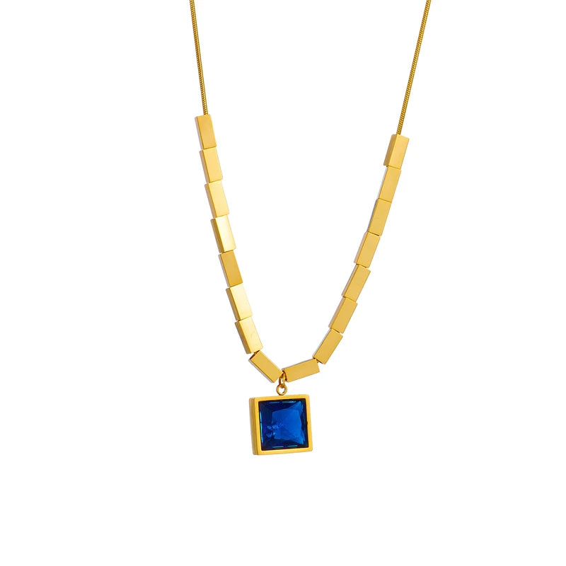Stainless Steel Square Blue Zircon Necklace For Women