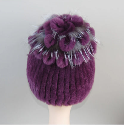 Fur Hats for Women Winter Real Rex Rabbit Hat Fox Fur Knit Female