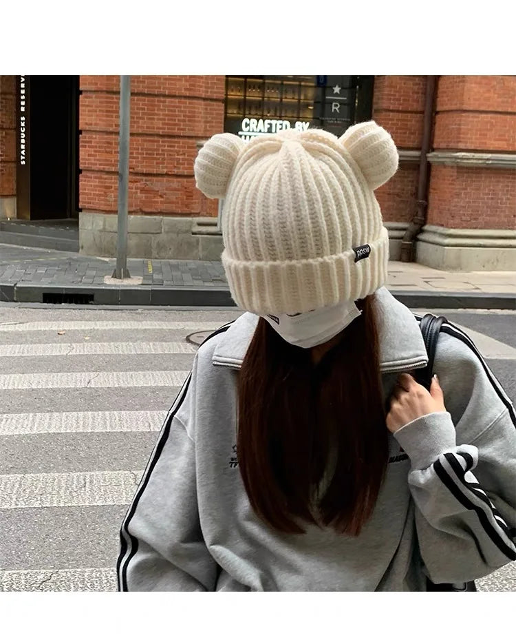 Cute Bear Ear Knitted Wool Hat Women Fashion Hooded Thick