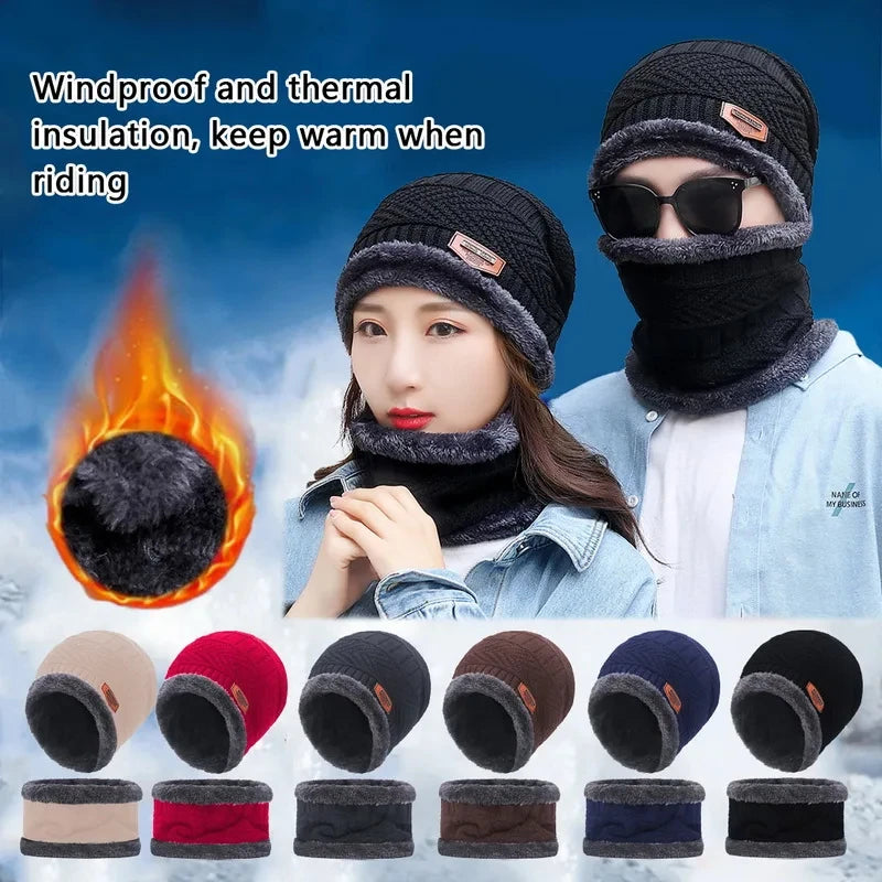 Winter Hat For Men Fleece Scarf Women Neck Leather Knitted