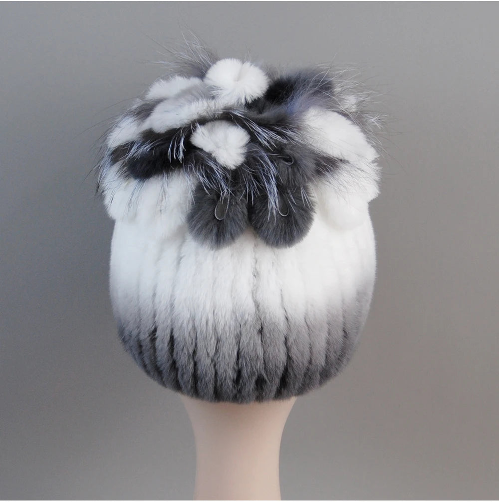 Fur Hats for Women Winter Real Rex Rabbit Hat Fox Fur Knit Female