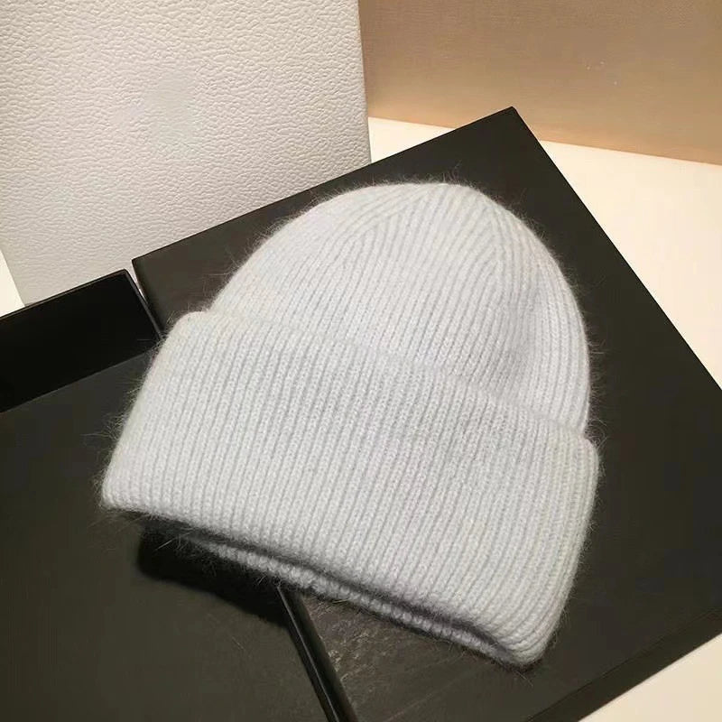 Winter Hats Woman Soft Knit Beanie Warm Rabbit Fur Hat Solid
