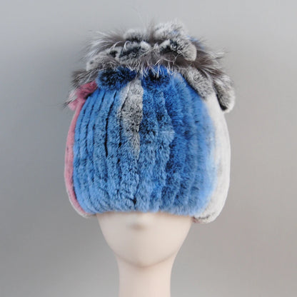 Fur Hats for Women Winter Real Rex Rabbit Hat Fox Fur Knit Female