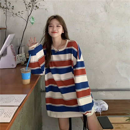Women's Autumn T-shirt Striped Top Sweatshirt 2024 Korean