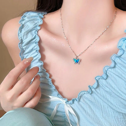 LATS Romantic Blue Crystal Butterfly Necklace for Women Girls Simple