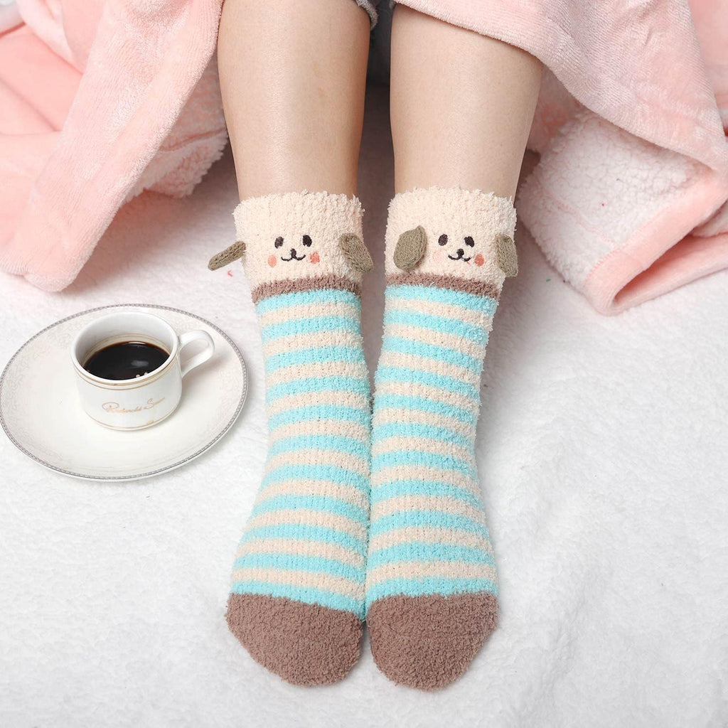 Fuzzy Slipper Socks for Women Fluffy Warm Non Slip Cozy with Grips Winter Soft Socks Animal Design 5 Pairs