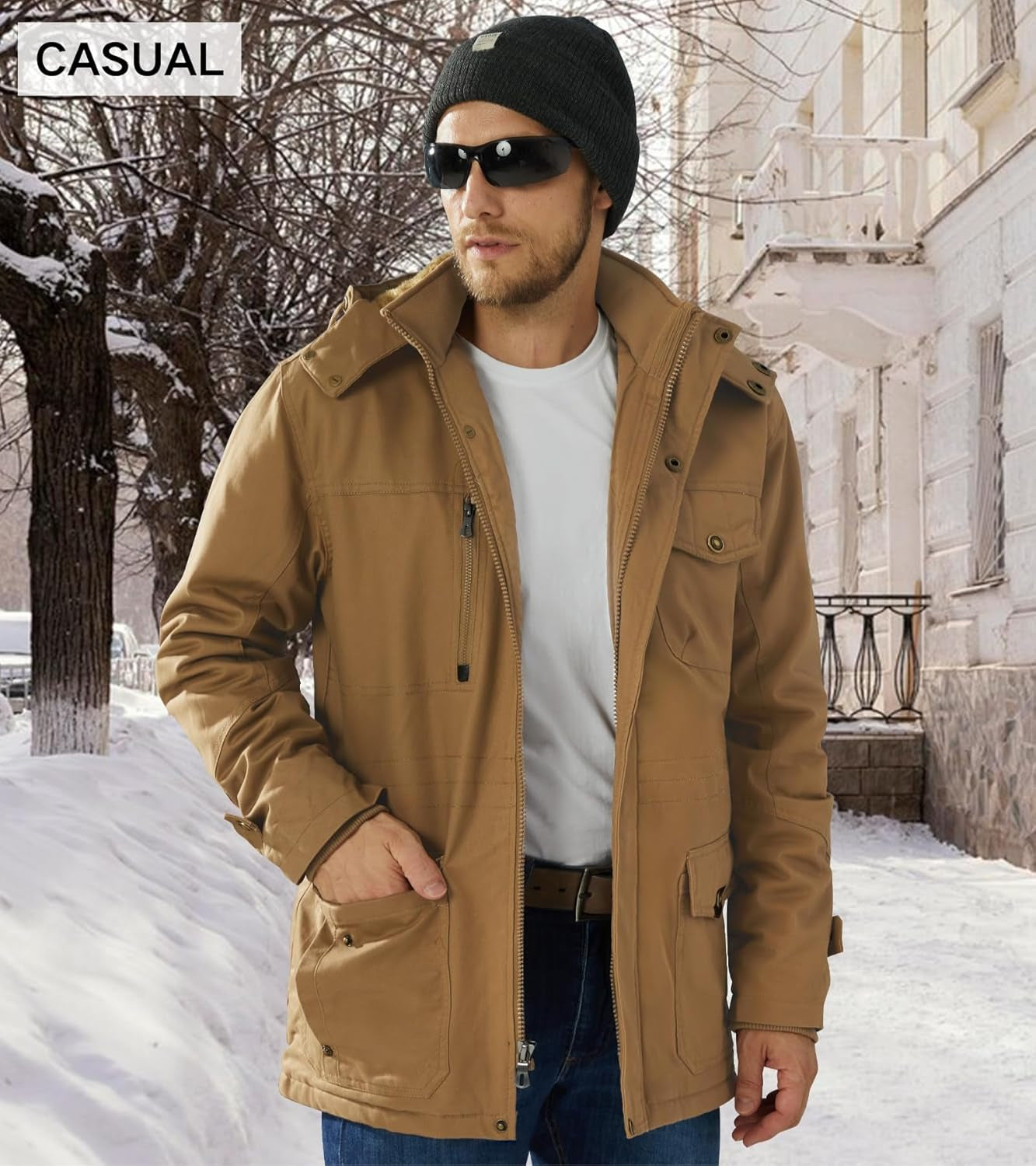 Men'S Winter Coat Fleece Lined Military Jacekt Thick Cotton Parka Jacket Warm Cargo Jacket Work Coat with Hood