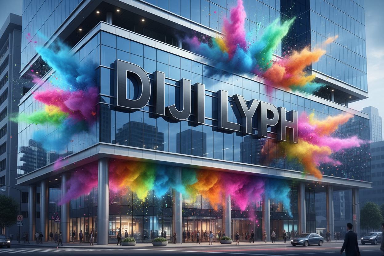 DIJI LYPH IN 3D ON A CORPRATE BUILDING WITH COLORFUL DUST