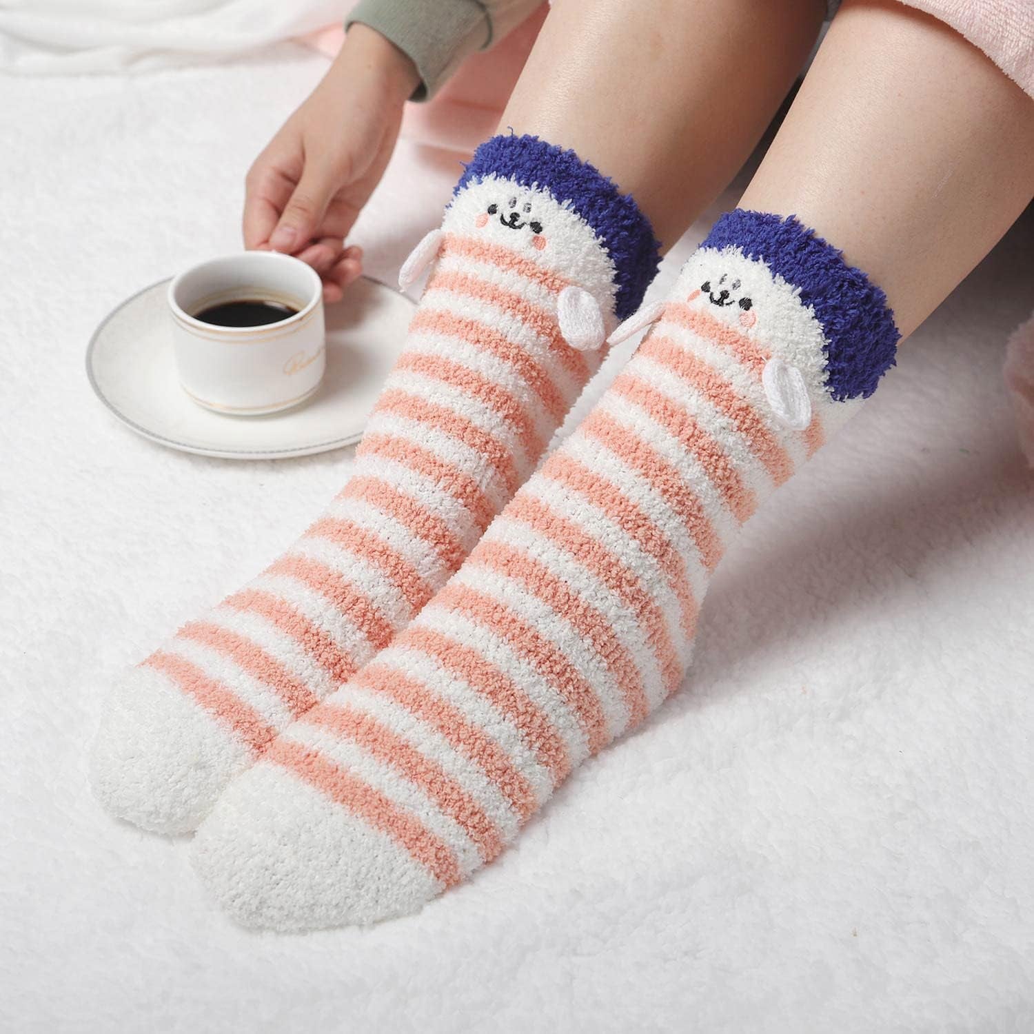 Fuzzy Slipper Socks for Women Fluffy Warm Non Slip Cozy with Grips Winter Soft Socks Animal Design 5 Pairs