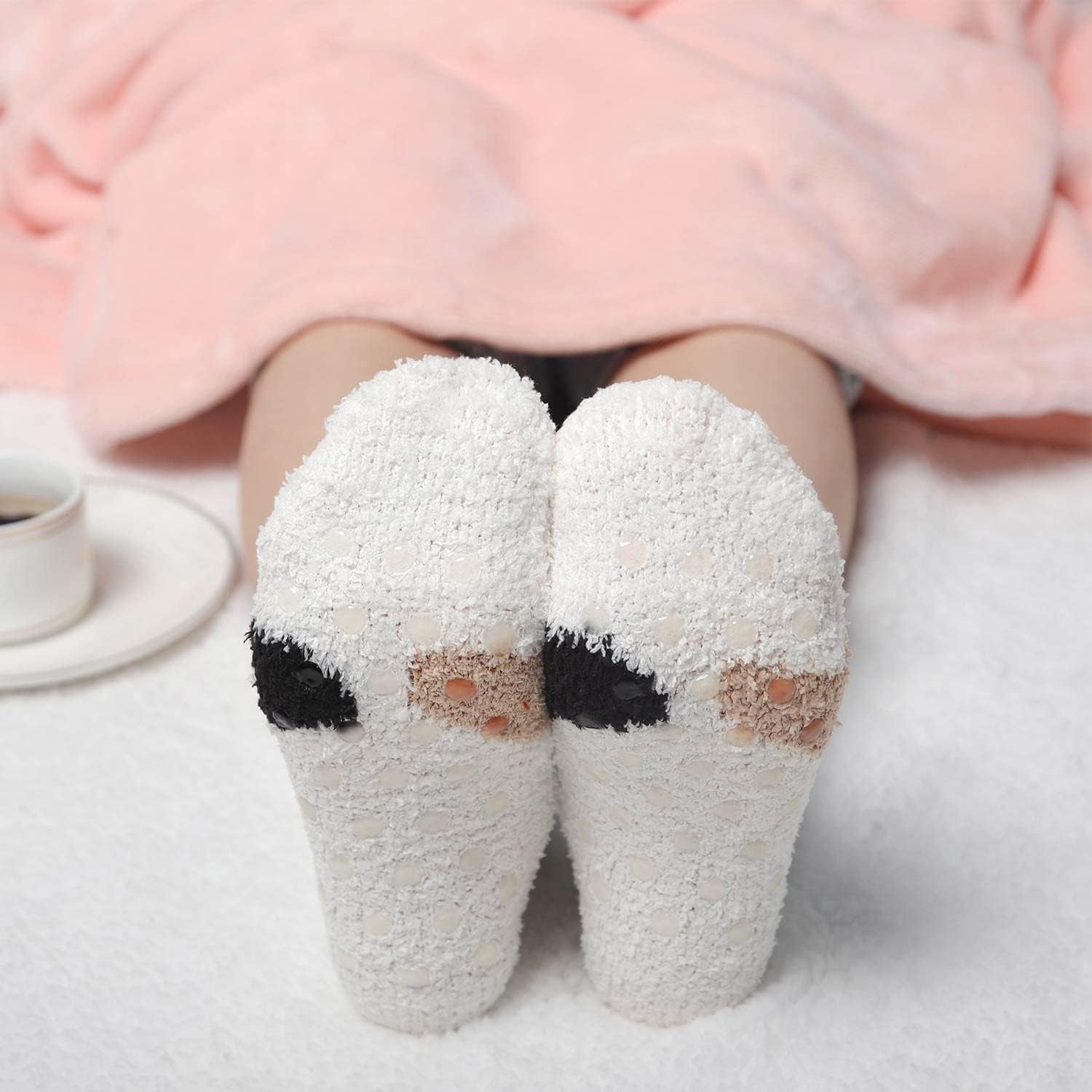 Fuzzy Slipper Socks for Women Fluffy Warm Non Slip Cozy with Grips Winter Soft Socks Animal Design 5 Pairs